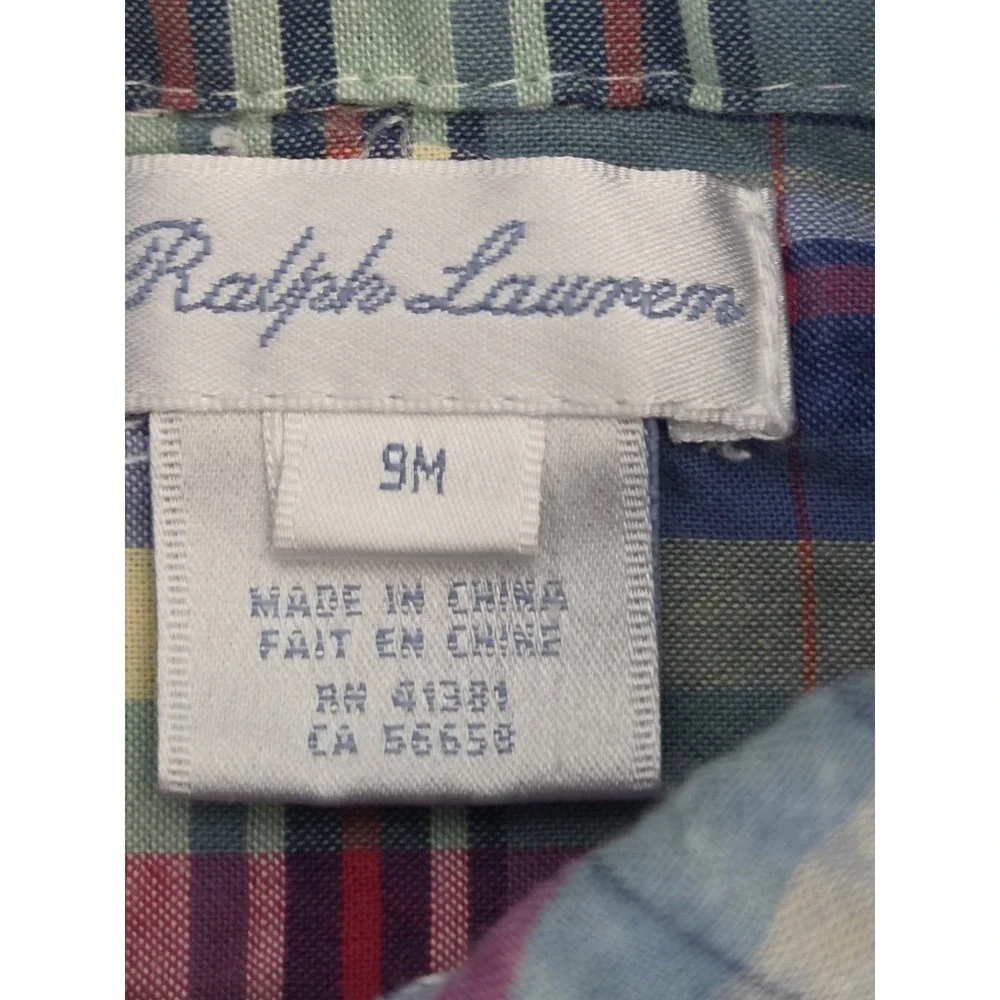 Polo Ralph Lauren Button Down Shirt Baby Infant Boys 9M Blue Plaid Pony Logo